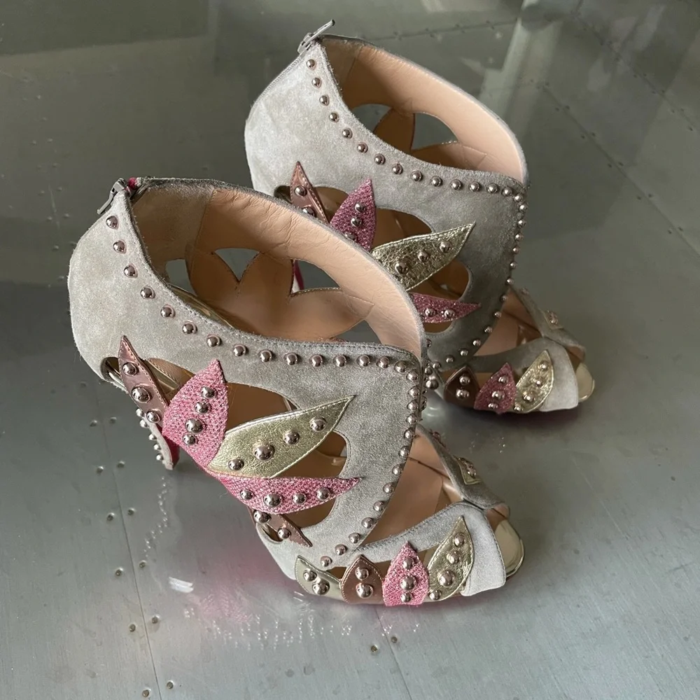 Christian louboutin venecage suede taupe pink studded peep toe sz 38.5